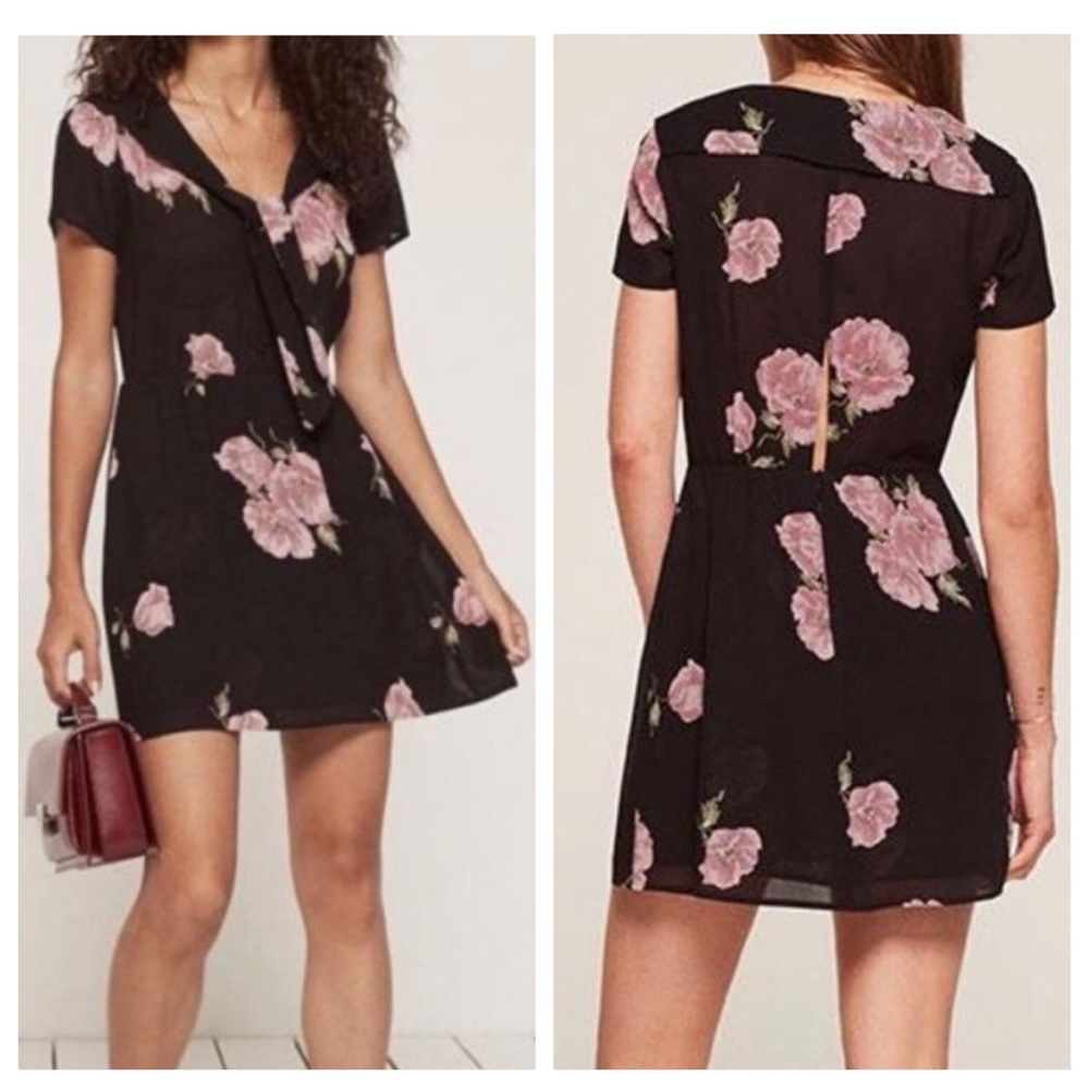Reformation Fraser Black Floral Tie V Neck Button Up Mini Dress Size 2
